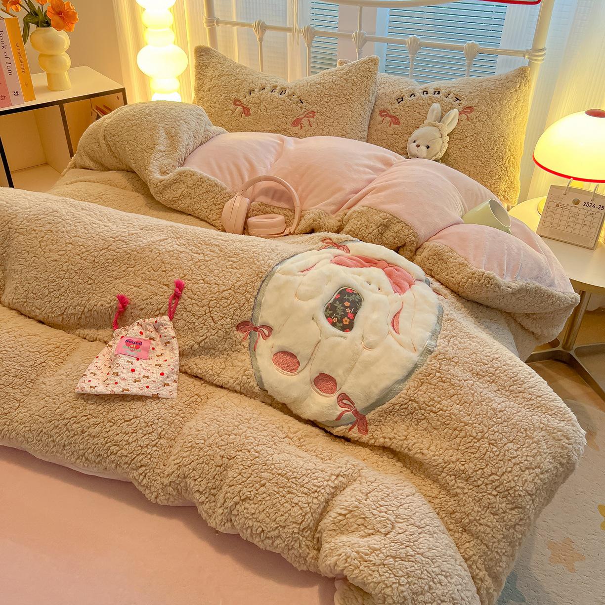 

Cartoon Chenille Embroidered Lambswool Fleece Bedding Set - Duvet Cover & Bed Sheet 2.0m Flat Sheet 4-Piece Set Duvet 200x230