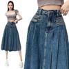 2023 Summer Retro Pleated Denim Midi Skirt: Women's High Waist A-line Design