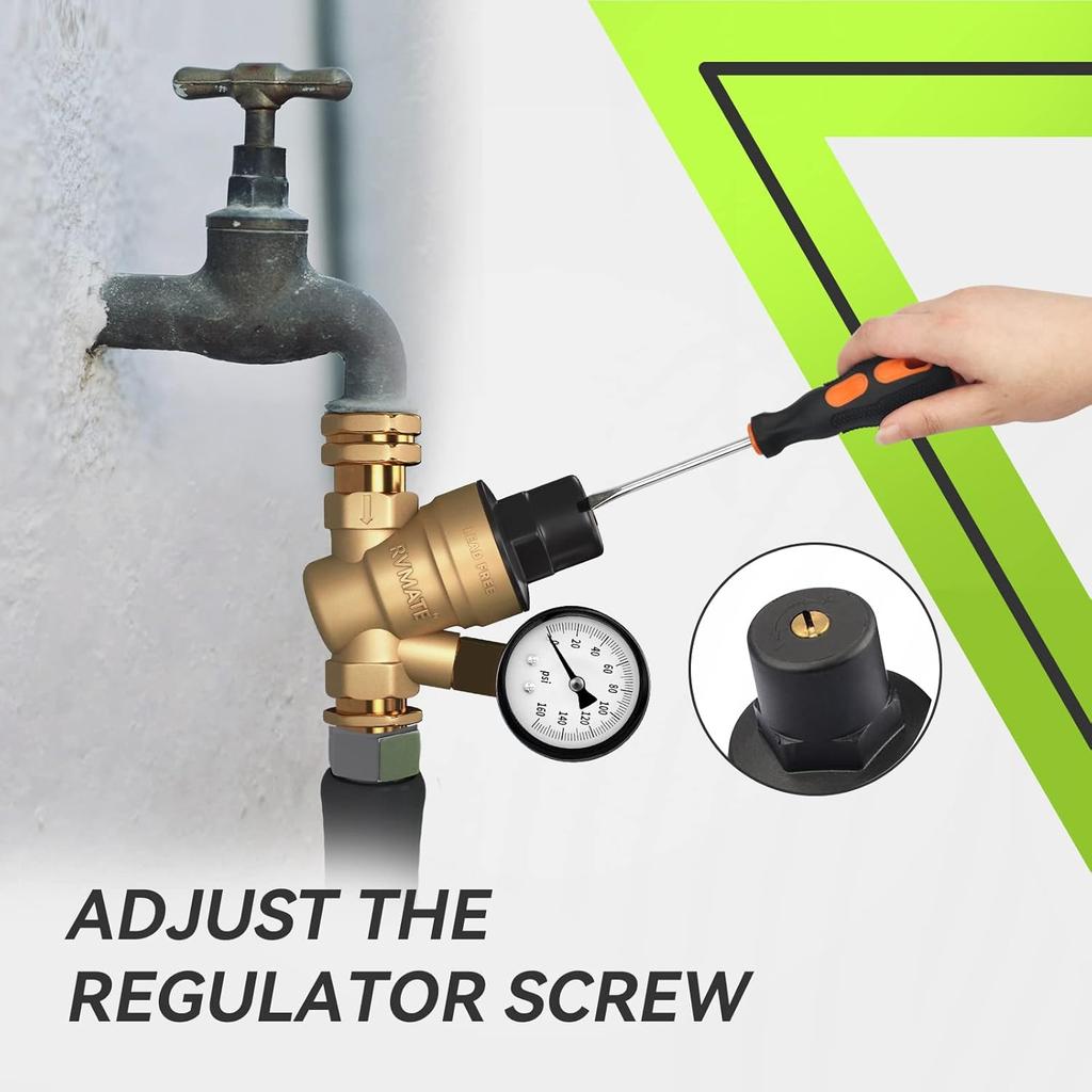 RVMATE RV Water Pressure Regulator, Brass Lead-Free Water Pressure Reducer Kit, Adjustable Valve With Inlet Screen Filter, For Camper Travel Trailer