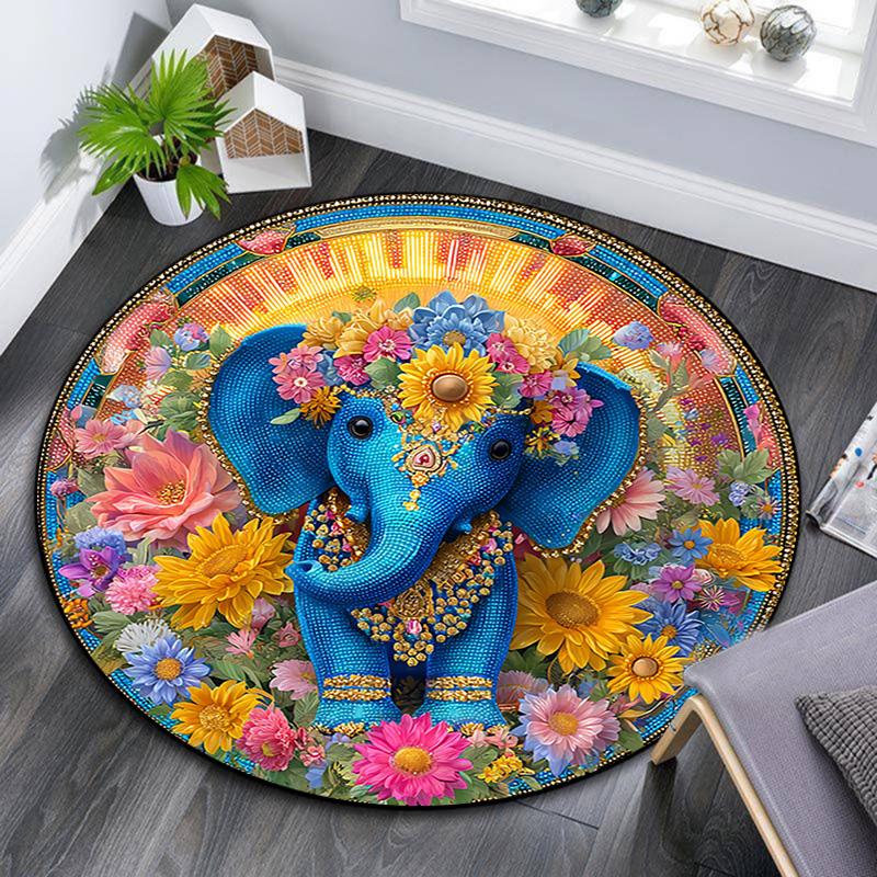 Elephant Round Area Rug,Carpet Rug for Living Room Bedroom Sofa Playroom Decor,Non-slip Floor Mat