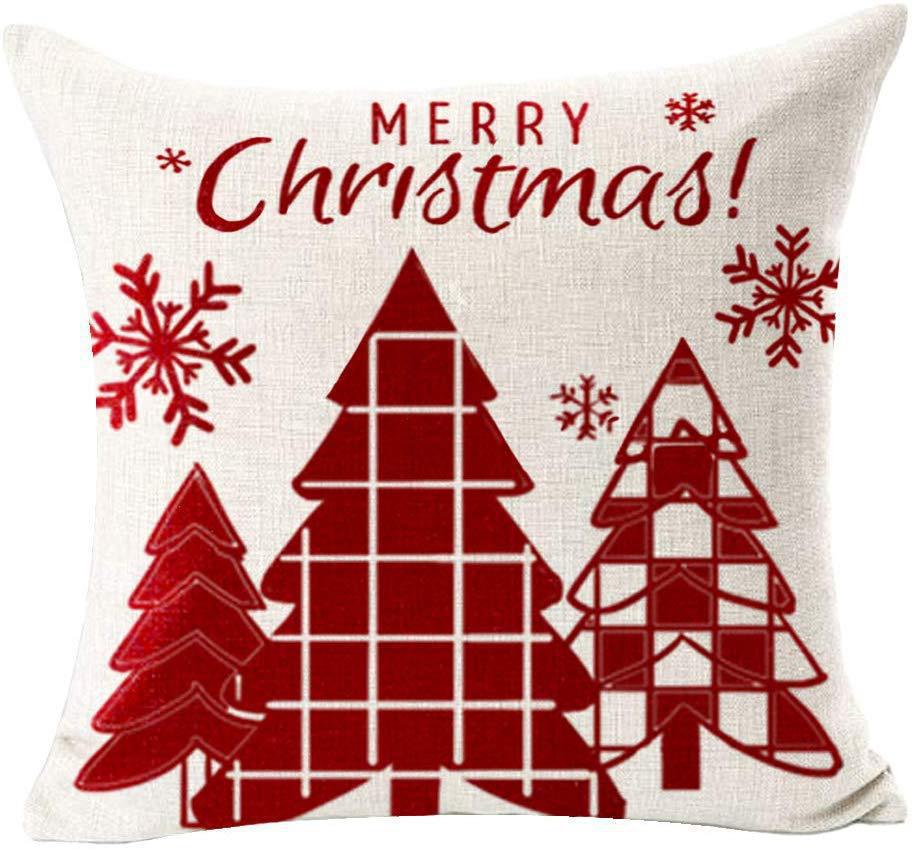 Red Plaid Sofa Linen Christmas Pillow Cover Reindeer Snowflake Home Cushion Cover