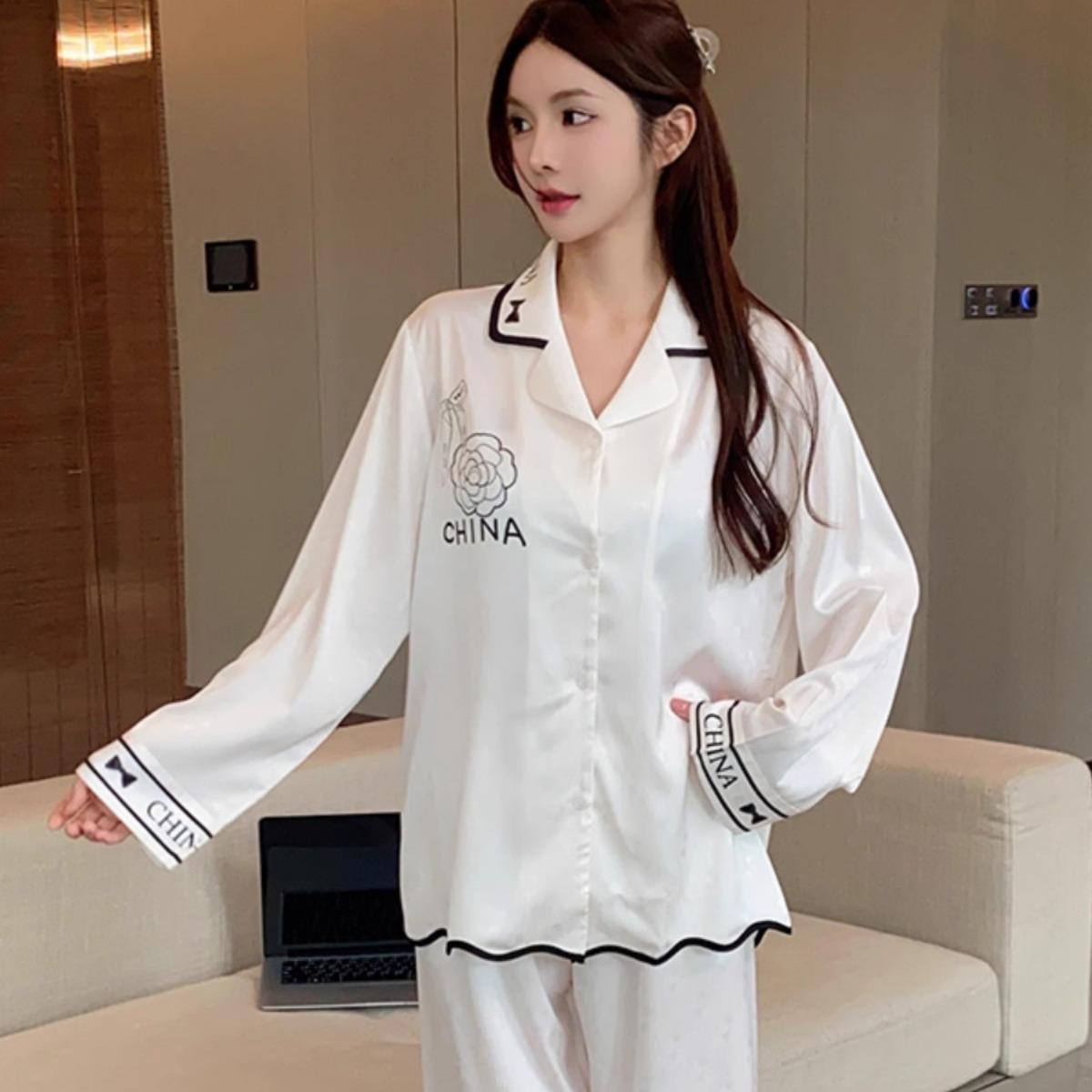 

New Spring Pajamas Summer Women s Spring and Autumn Silk Summer Women s Ice Silk Long Sleeve Home Clothes Suit XL белый