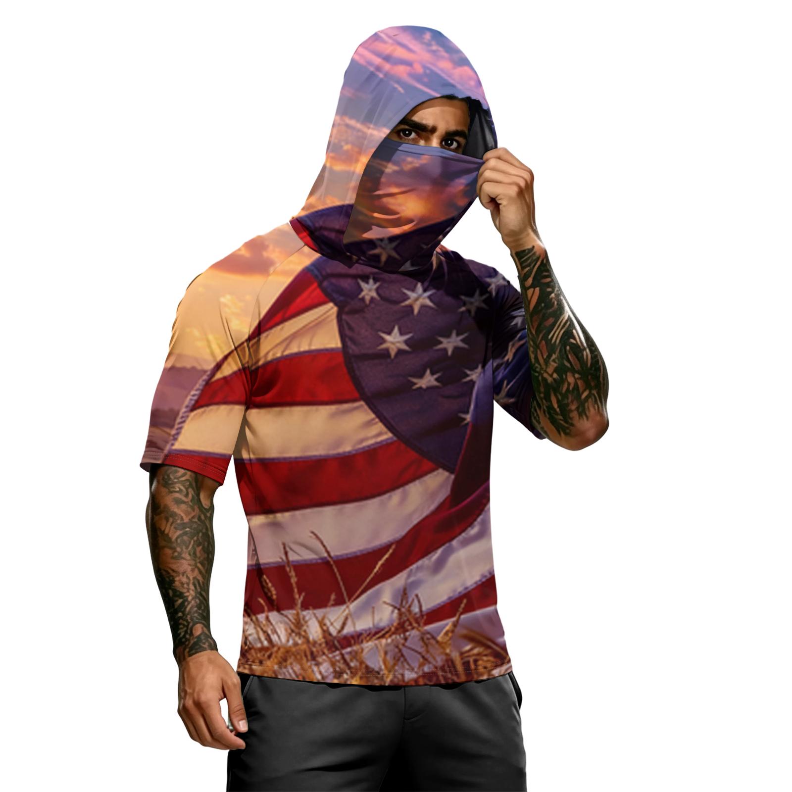 Men s Summer Independence Day Color Block Quick Dry Short Sleeve Tee, UPF 0+ UV Block Fishing & Sports Sun Hoodie XXL
