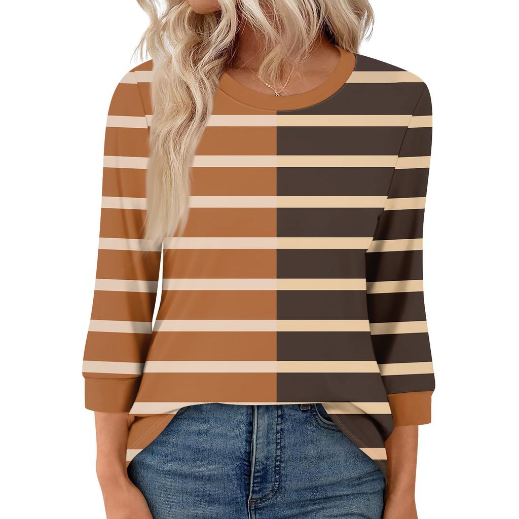 Women's Fashion Casual Seven Sleeve T-Shirt Print Round Neck Top