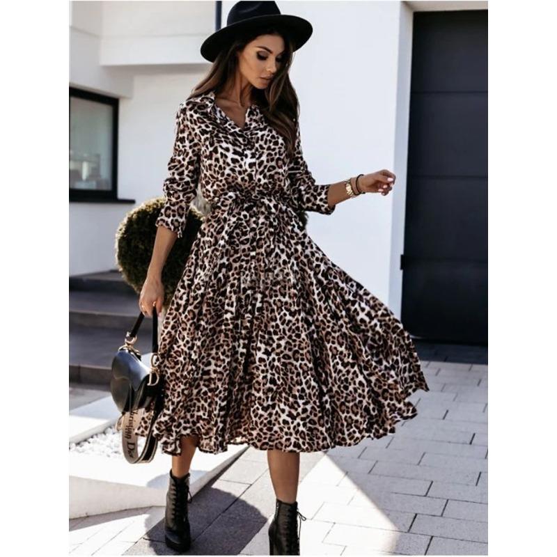 Women's Leopard Print Dress Spring Long Sleeve Lapel Lace-up Button Up Loose Casual Sexy Dress Women Summer Elegant A Line Office Ladies Long Dresses