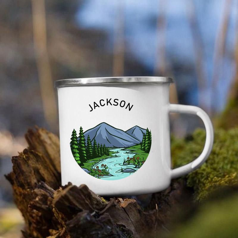 Tazze Smaltate Personalizzate per Camper Nome Personalizzato Campeggio Tazza Smaltata Avventura Festa del Falò Tazza da Birra Caffè Tazze con Manico Regali per Camperisti