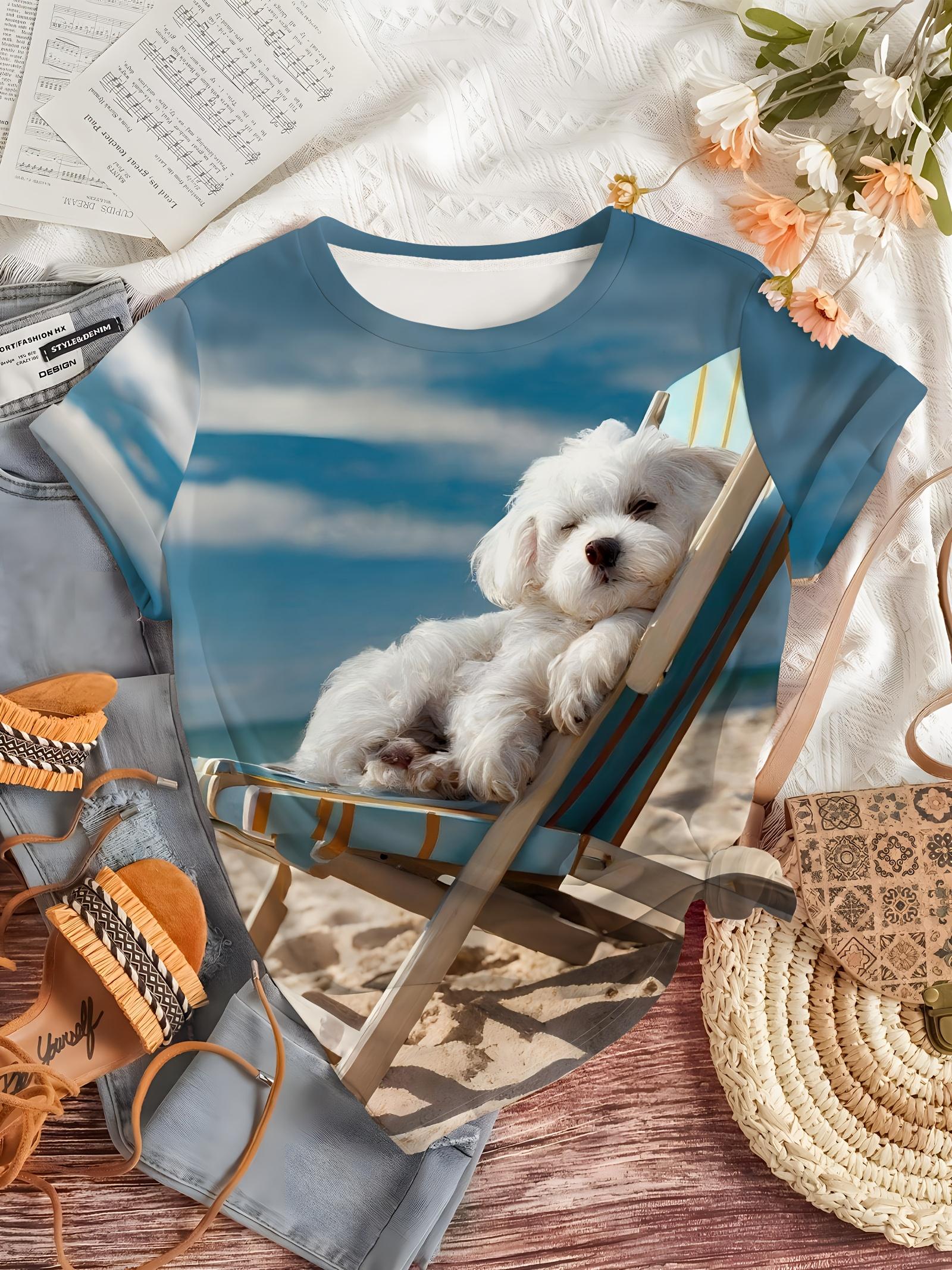 

Beach Puppy T-shirt for Women. Cute Dog Lounge Chair Printed Short Sleeved Top. Elegant and Comfortable Top for Women. Fashionable Round Neck T-shirt S