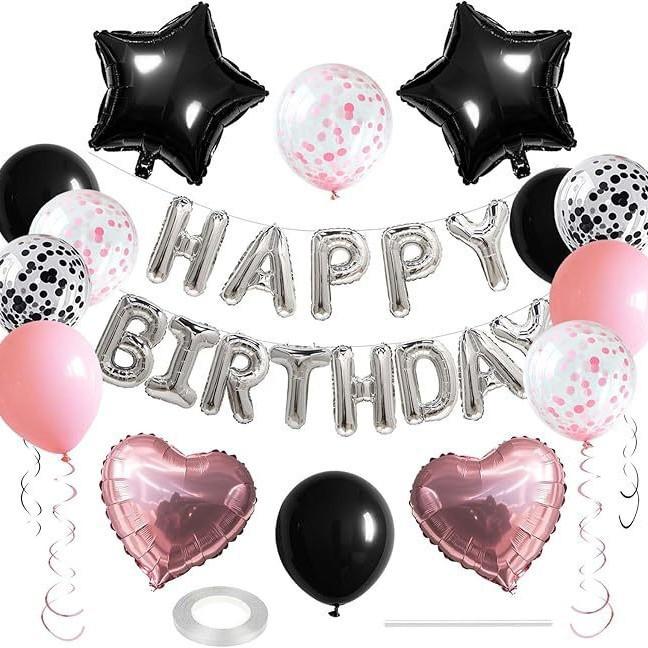 Black Gold Happy Birthday Decorations Balloon Kit with Banner Foil Heart and Star Valentine's Day Wedding Party Balloons