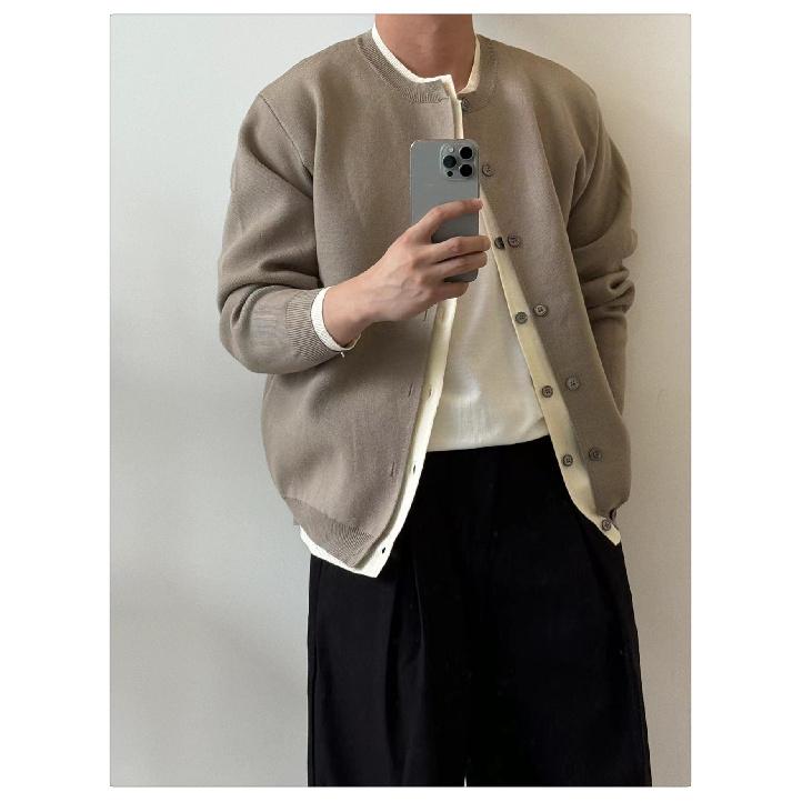 Autumn New Fake Two-Piece Contrast Color Knitted Cardigan Coat Men's Youth Casual All-Matching Lazy Style Sweater Coat Men's