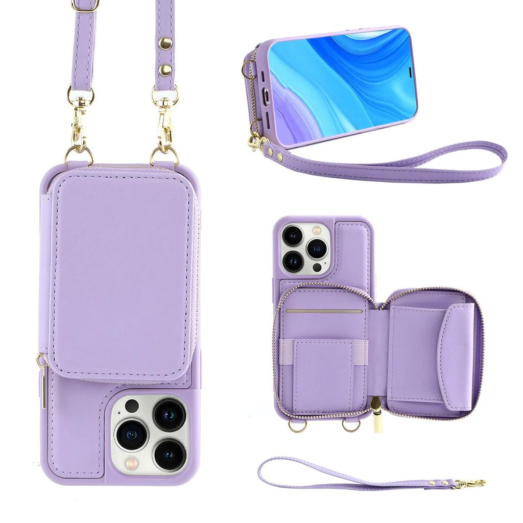 Crossbody Long Strap Leather Phone Case For iPhone 15 Pro Max 14 Plus 13 12 11 Pro Zipper Wallet Card Bag Cover with Lanyard