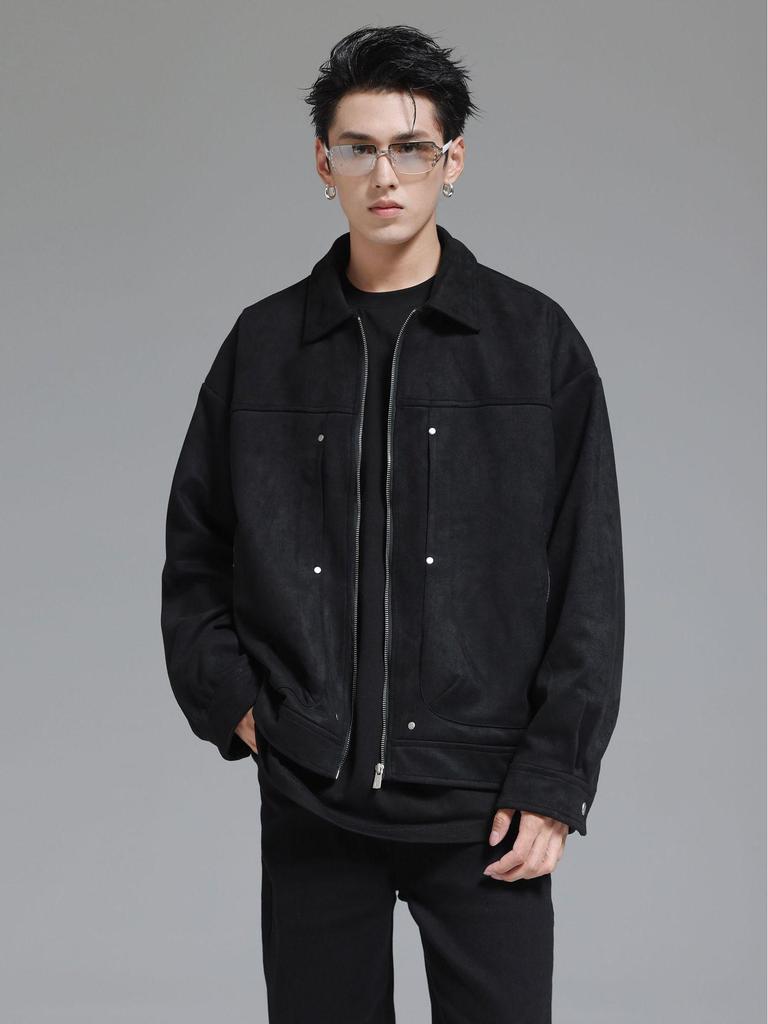 Herren Wildleder Reißverschlussjacke - Amerikanischer Stil, Herbst/Winter 2023 Trend, Revers Workwear_TOP