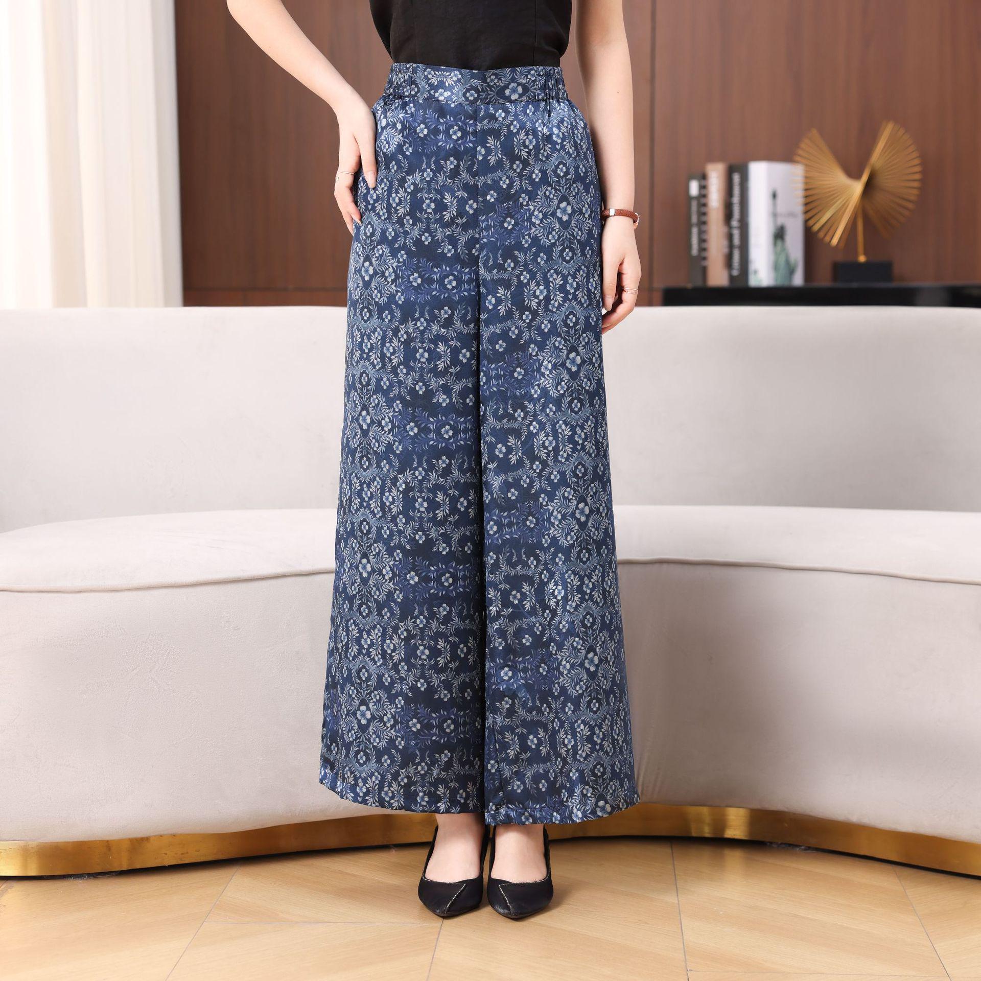 

2026 Xiangyunsha Blue & White Floral Porcelain Silk Pants - High-End Straight Leg 100% Mulberry Silk, New Chinese Blue XL королівський синій колір