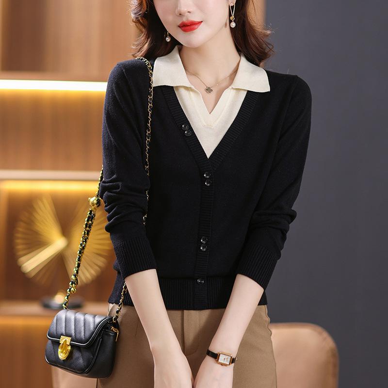 Spring new commuter lapel fake two-piece color matching diagonal buckle design comfortable light mother sweater women