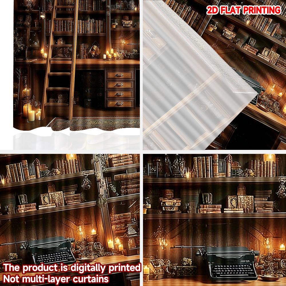 Set Of 2 Vintage Home Library Scene Curtains Floor Ceiling Bookshelf Ladder Decor Single Layer Realistic Interior View Curtain Made Polyester