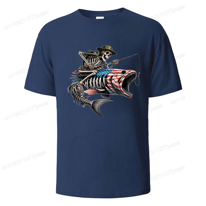Herren Sommer T-Shirts Lockere Größe Angeln Jäger Print Lässig Bequem Rundhals Kurzarm T-Shirt Fischskelett Herren Top
