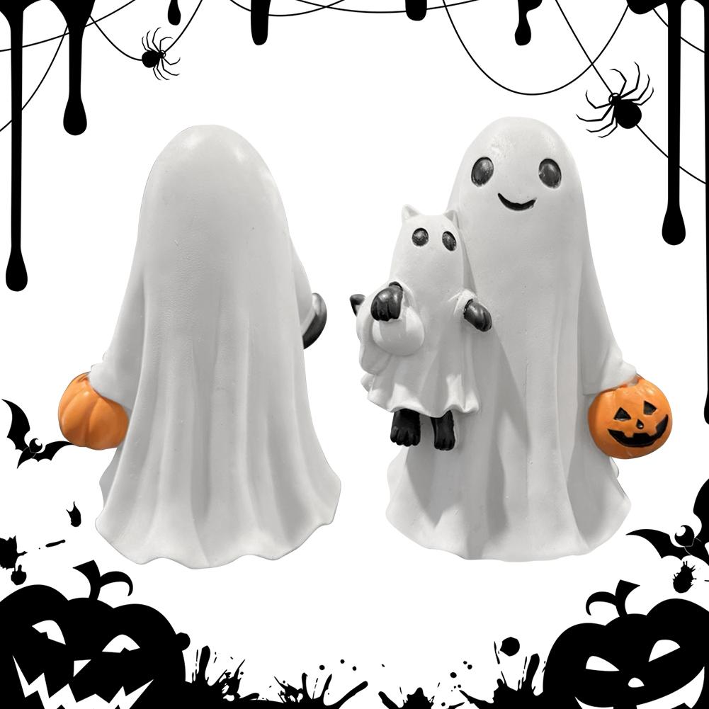 Halloween Ghost Tabletop Sculpture with Pumpkin Spooky Ghost Resin Figurine Hugging Cat for Home Holiday Decoration