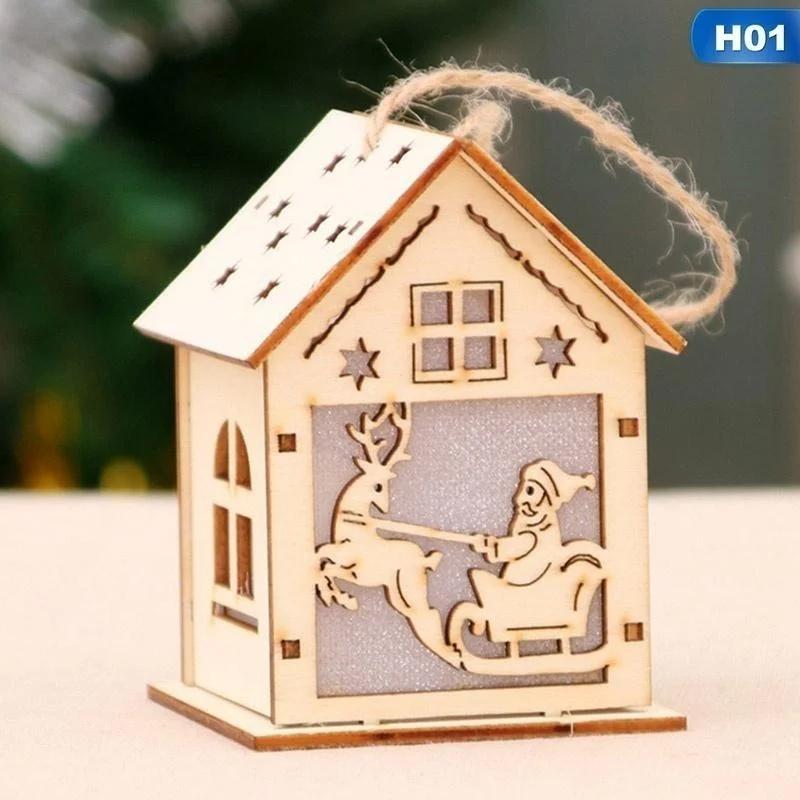 New Christmas Led Light Wood House Cute Christmas Tree Hanging Ornaments Holiday Decoration Home Decoration Accessories