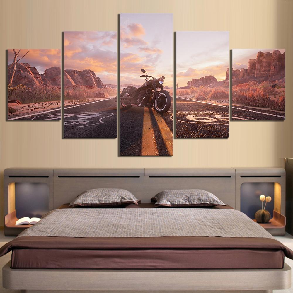 Toile Décoration Murale Peintures 5 Pièces Image HD Route Numéros Route 66 Moto Véhicule Affiche Autocollant Mural Paysage Décoration Maison