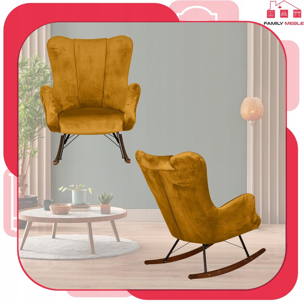 Scandinavian Vika Wing Chair, Rocking, On Runners, Family Meble, Mustard Yellow