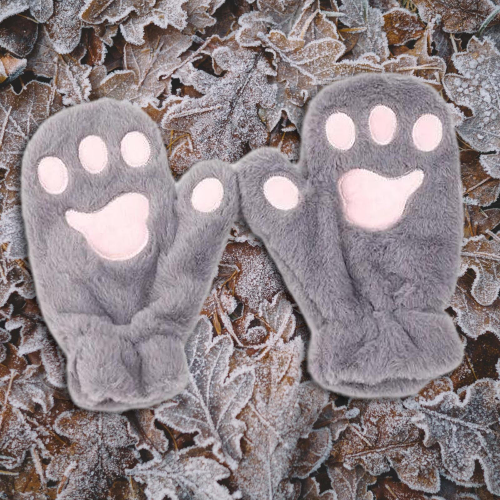 

Cartoon Paw Gloves Ladies Girls Womens Mittens Dress up Winter Warm for Festival серый