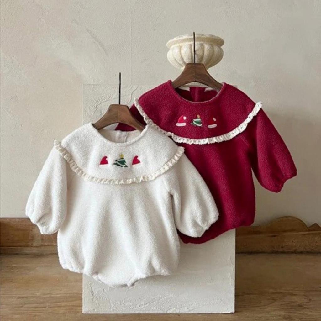 Baby Christmas Lace Collar Romper, Fleece-Lined Plush Crawling Suit