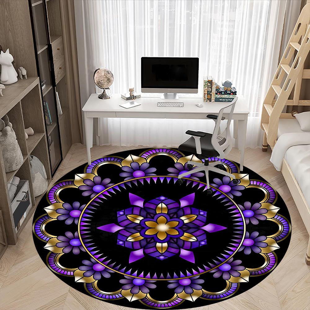 1pc Purple Floral Mandala Carpet, Round Non Slip Durable Large Size Office Carpet, Suitable for Office