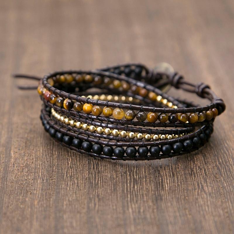 Unique Mixed Triple Simple Leather Beaded Bracelet, Tiger Eye, Copper, Black Beaded Beaded Bracelet Friendship Bracelets Jewelry