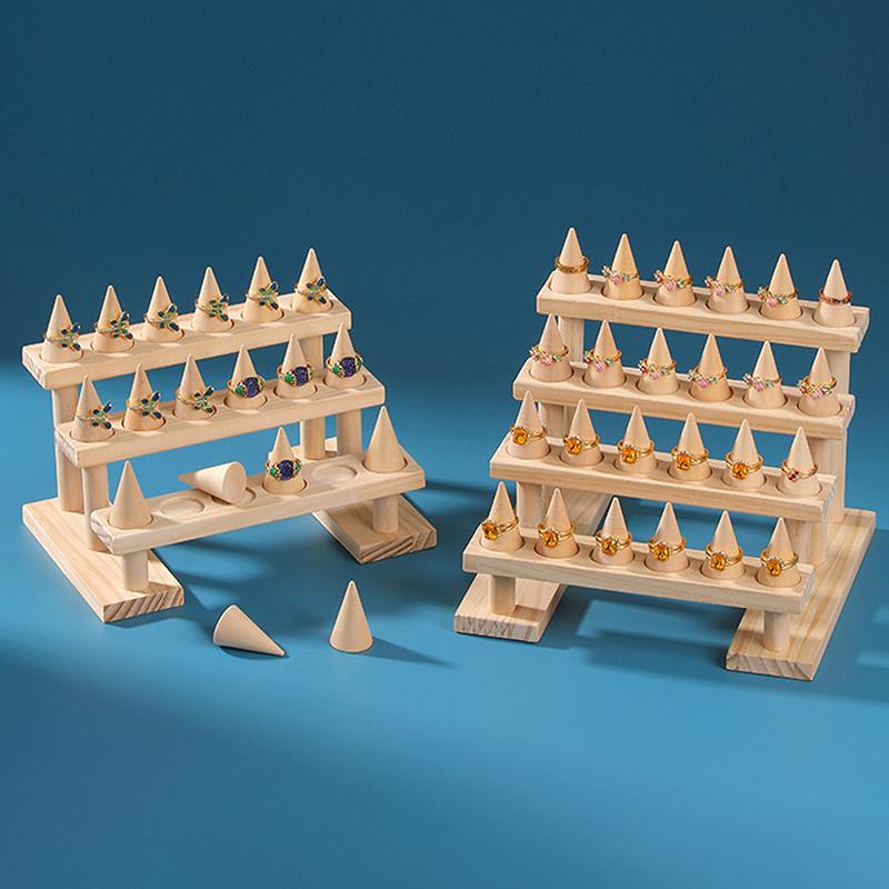 Cone Ring Display Holder Jewelry Display Stand Ring Showcase Storage Tray For Counter Shows Wooden Base Shop Decor