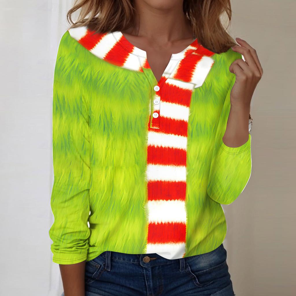 Women's Fashion Casual V-Neck Long Sleeve Decorative Button Christmas Print Top