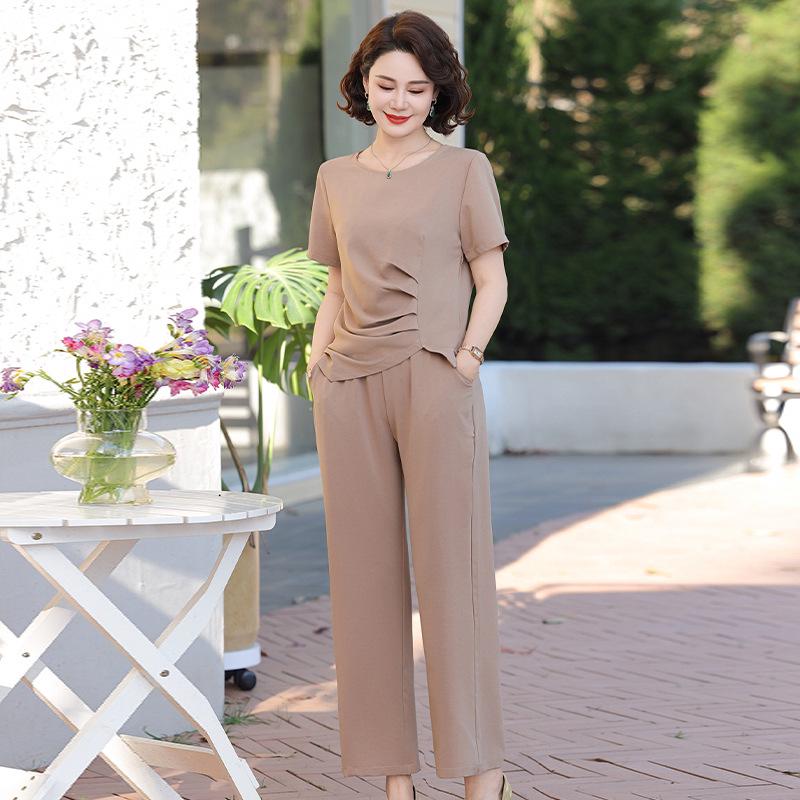 Summer Style Ice Silk Two-Piece Set: Short Sleeve Top and Casual Pants for Moms