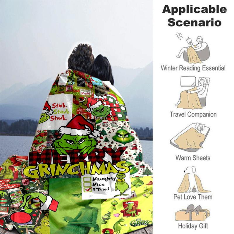 1Pc Grinch Christmas Collage Blanket Soft And Comfortable Casual Warm Camping Travel Christmas Halloween Gift M921638