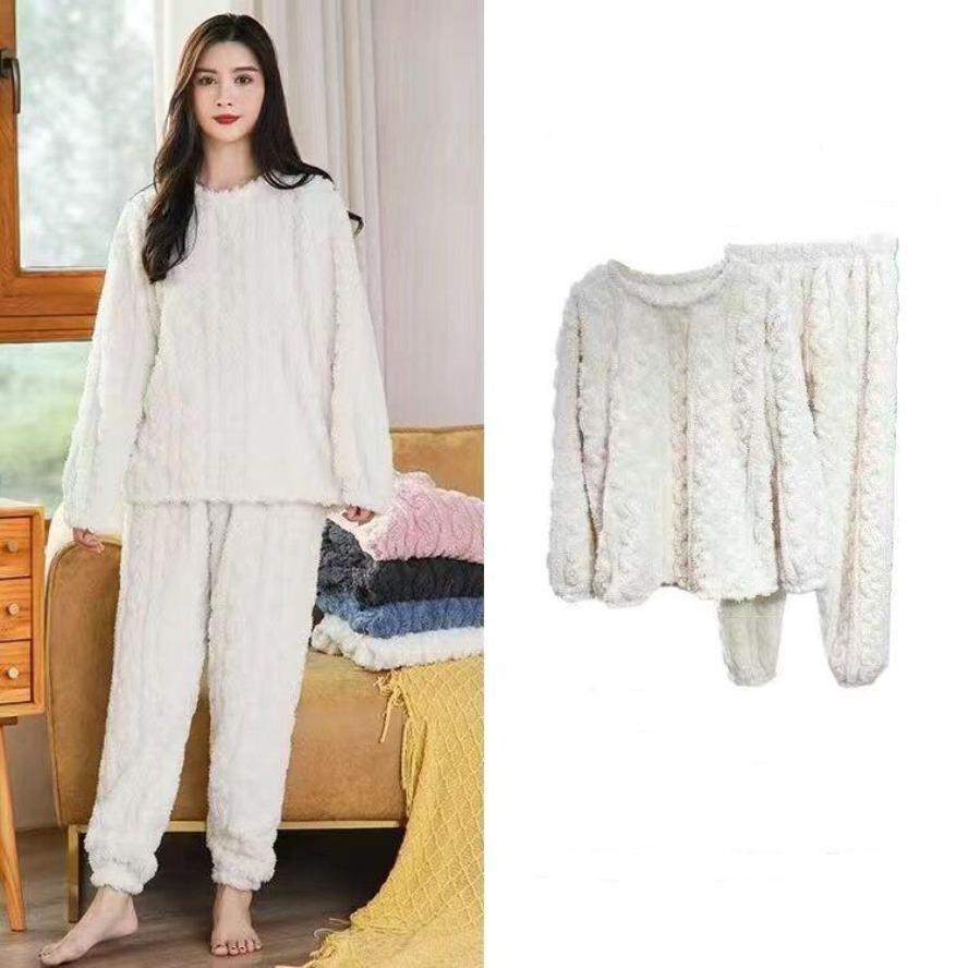 Autumn Women Solid Color Warm 2 Piece Sets Insulated Velvet Ribbed Fleece Pullover and Pants Set Female Casual Pajama Sets