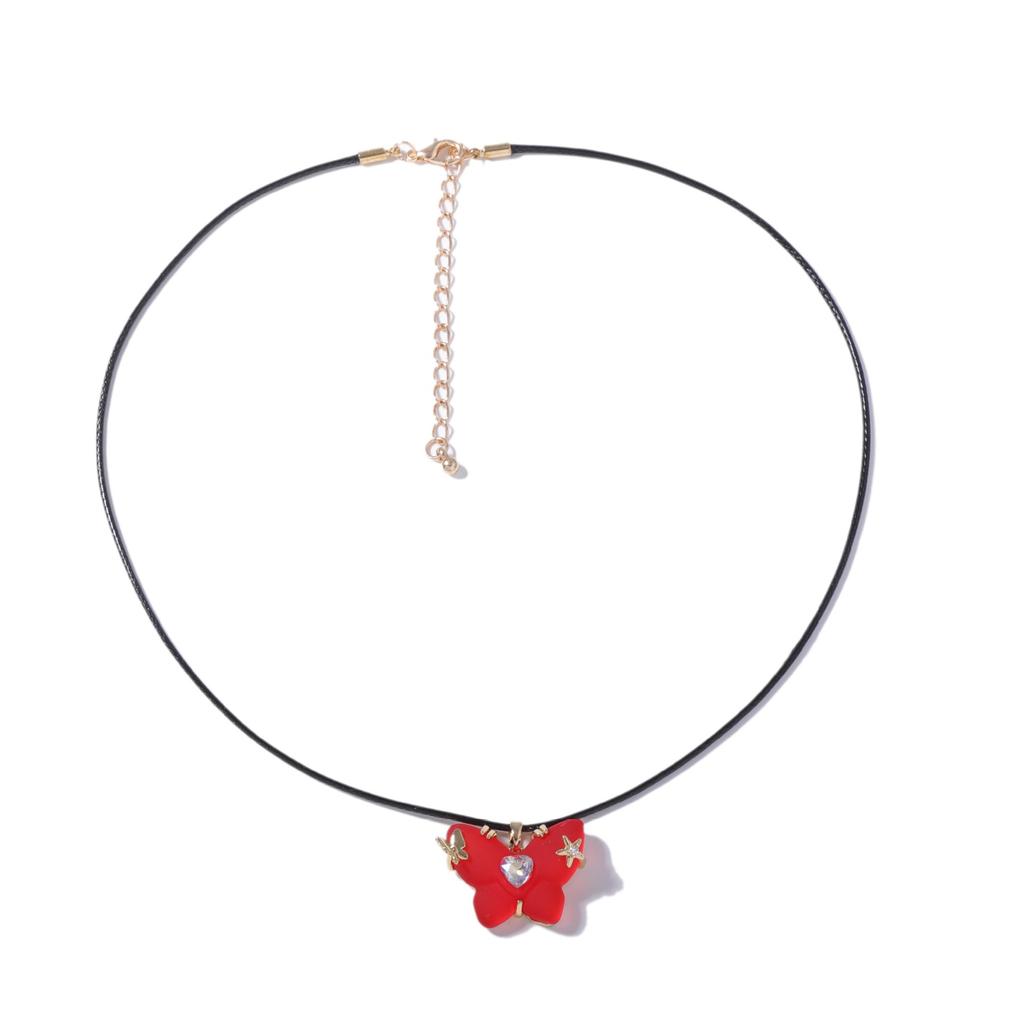 Korean Version of Simple and Fashionable Jelly Red Inlaid Zircon Resin Butterfly Pendant Necklace Versatile Daily Wear Women's Models