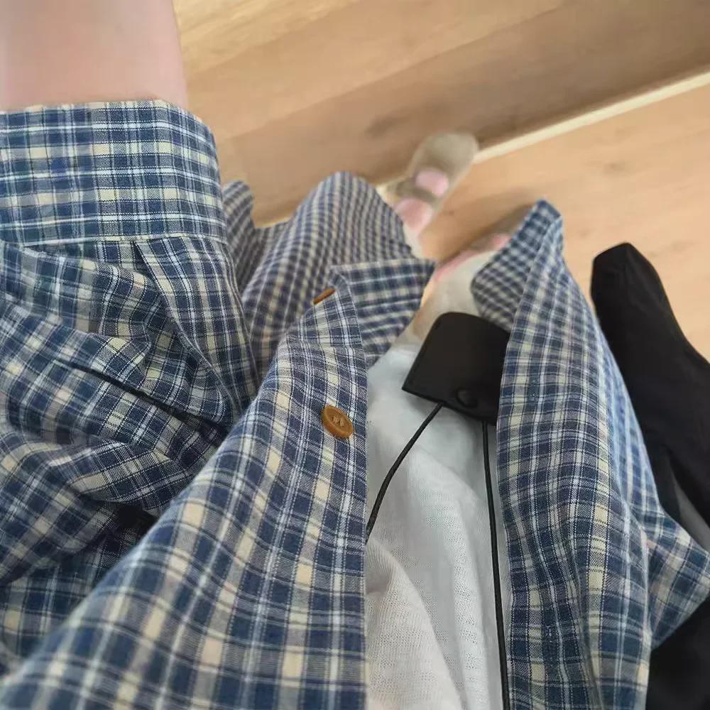 Women's Blue Plaid Shirt Jacket - Korean Autumn Style Loose Casual Cardigan Top