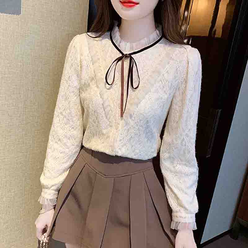 Fashion New 2024 Autumn Winter Long Sleeve Lace Up Stand Collar Velvet Lace Blouse Shirt Women Tops Blouses Shirts J758