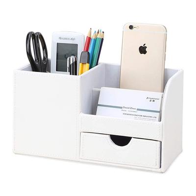 KINGFOM PU Leather Desk Stationery Organizer with Storage Remote Control and Small Drawer Box, Pen/Pencil Stand, Holder, (White)