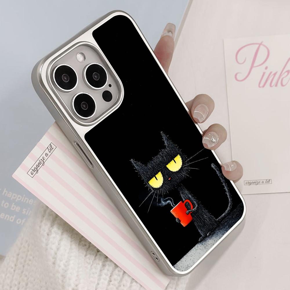 Cute Coffee Cat Silver Plating Mobile Phone Case for iPhone 17 16 15 14 13 12 11 Air Pro Max Plus Colorful Cover