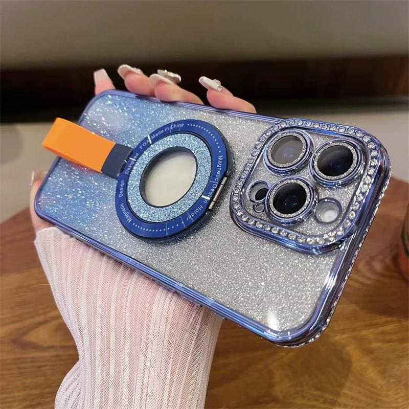 Luxury Diamond Magsafe Holde Glitter Hollow Logo Case for iPhone 16 15 Pro Max 14 Plus 13 12 11 Pro Shockproof Clear Cover