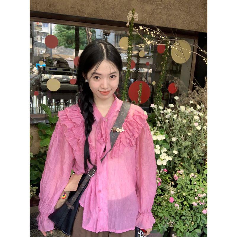 Kumikumi Sweet French Style Ruffles Long Sleeves Shirt Women's Autumn Ruched Loose Thin Type Sunscreen Tops