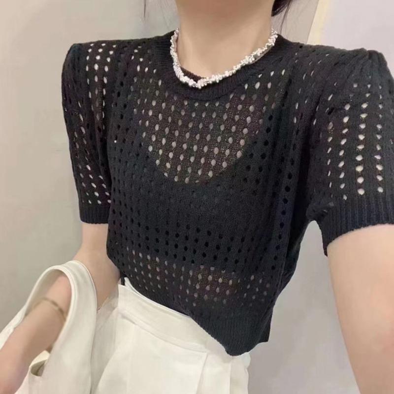 

Корейский короткий рукав женский топ пуловер ледяной шелковый сетчатый материал