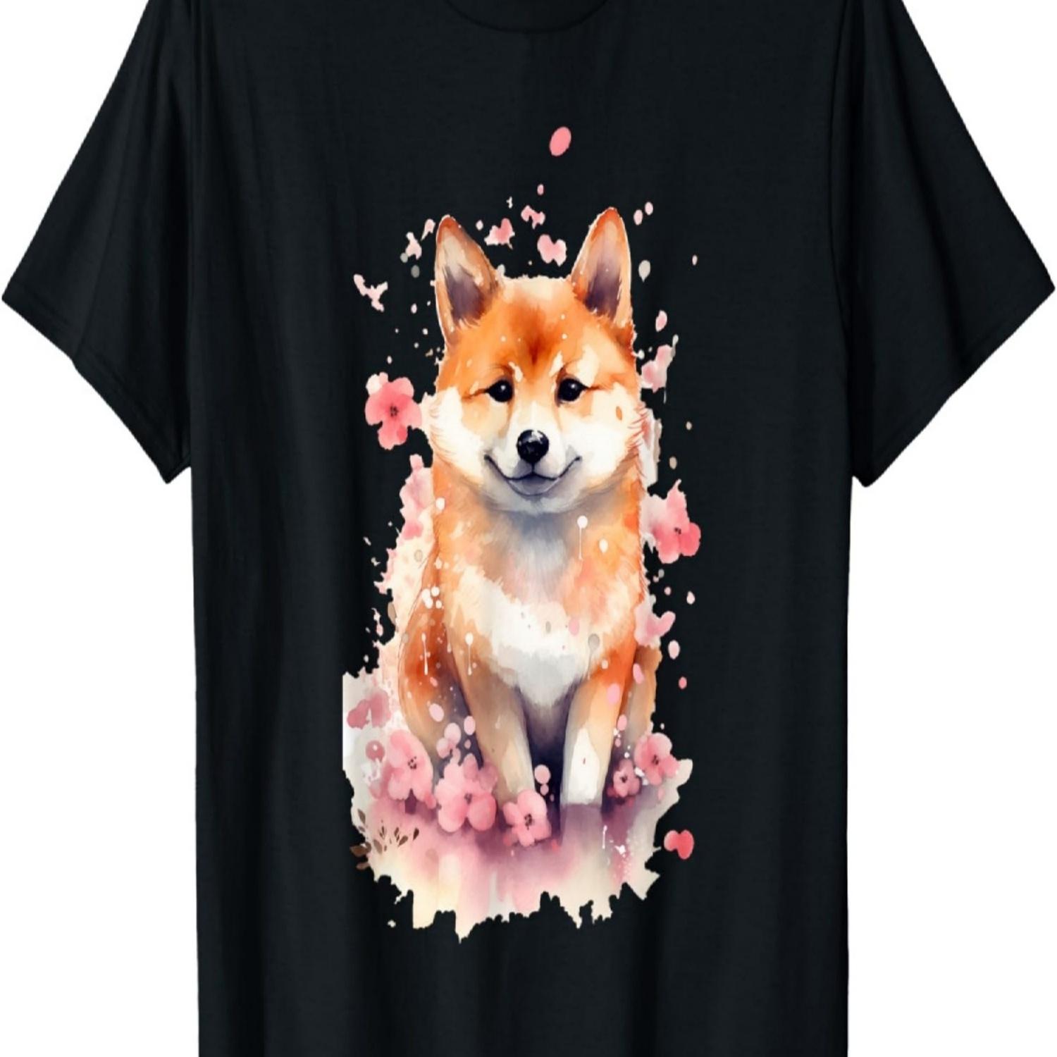 Dog Shiba Inu Puppy Cherry Blossoms T-Shirt S чёрный
