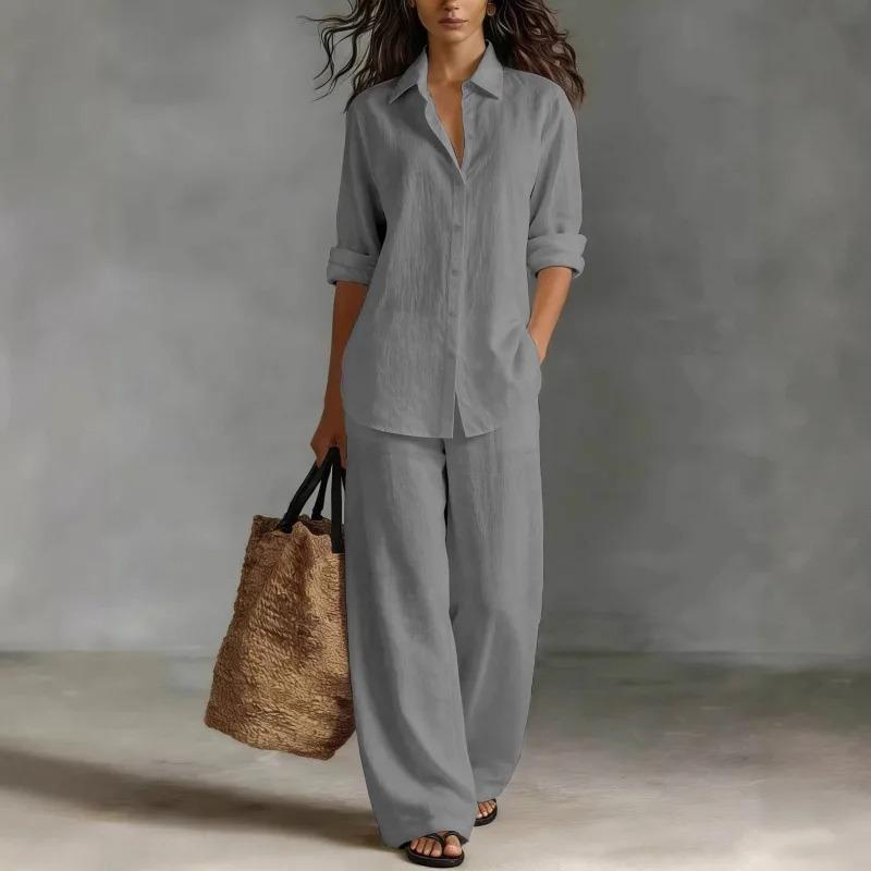 Fashion Linen Shirt Long Sleeved Women's Set Spring Autumn Loose Wide Leg Trousers Female Office Set