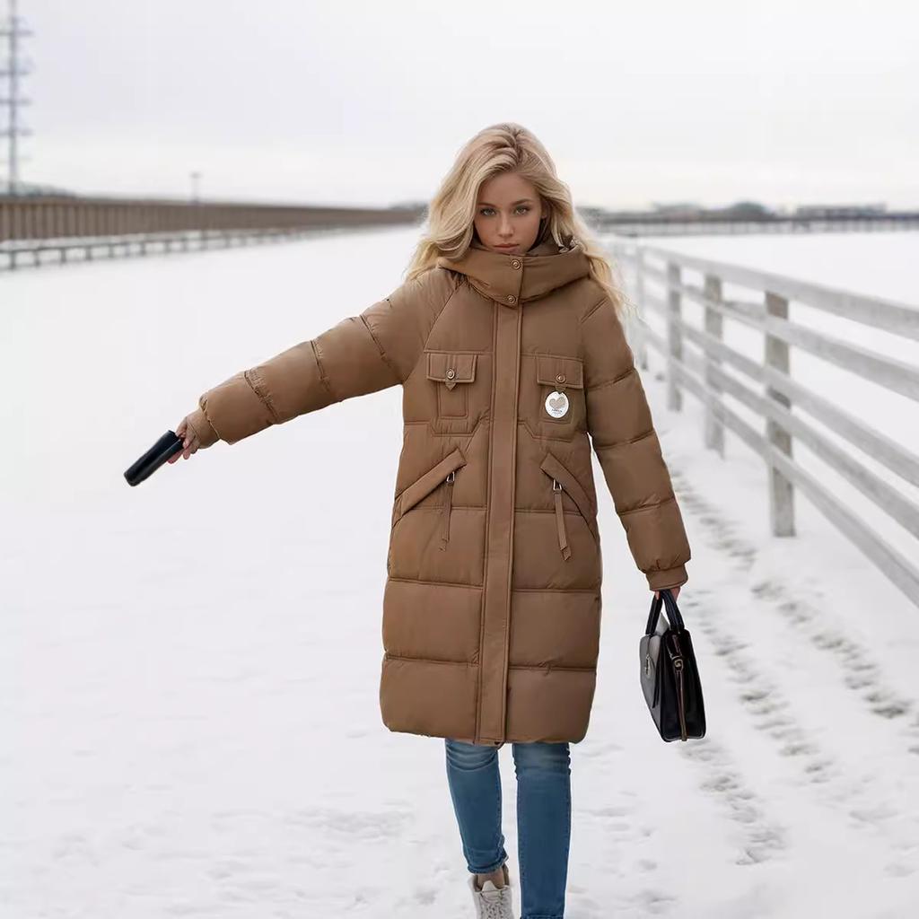 2024 Nouvelle veste demi-saison pour femme Veste longue décontractée à capuche en coton Veste longue d'hiver au-dessus du genou Vêtements pour femmes
