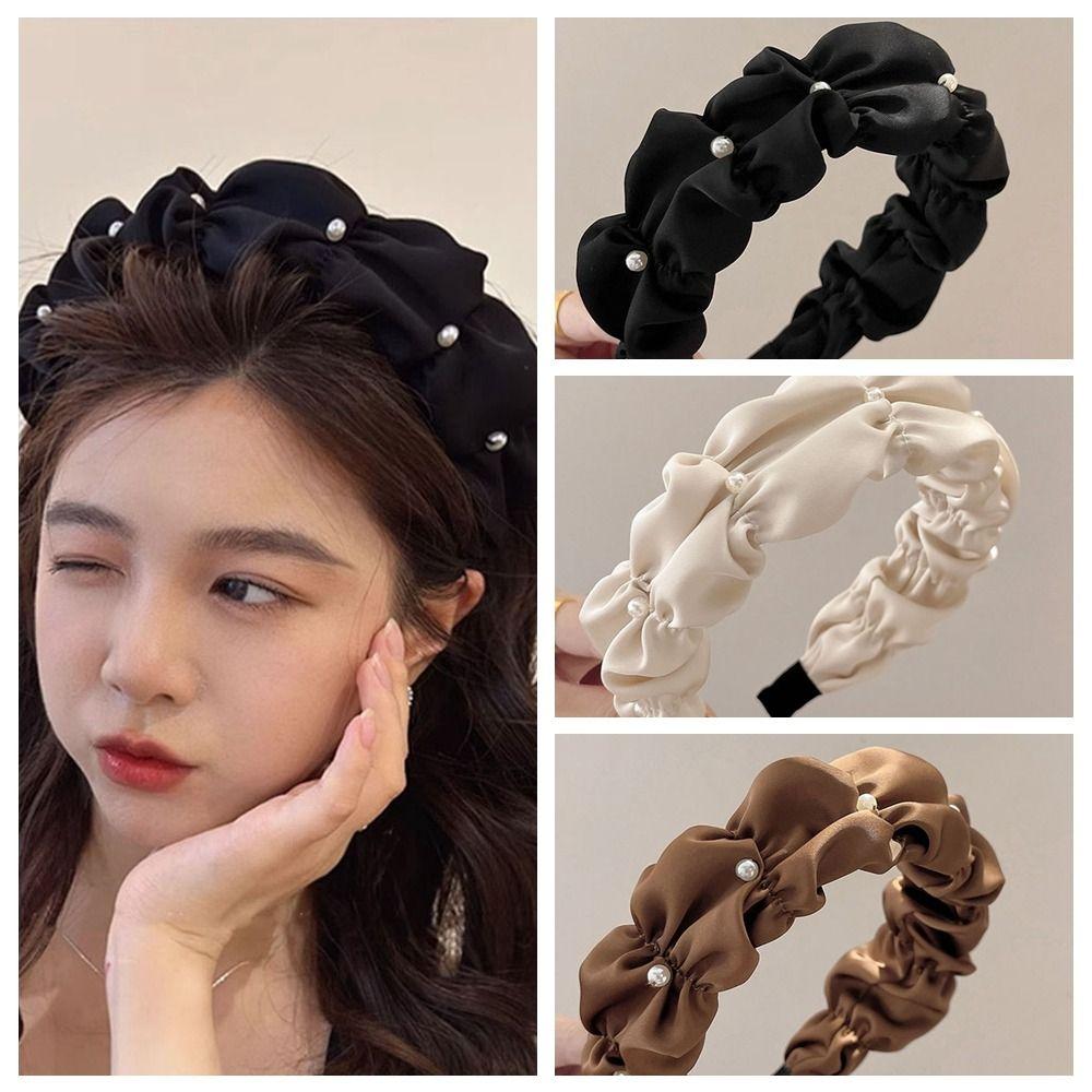 

Pearl Fold Satin Hair Hoop Wide Wide-brimmed Wrinkled Headband Headdress Girl