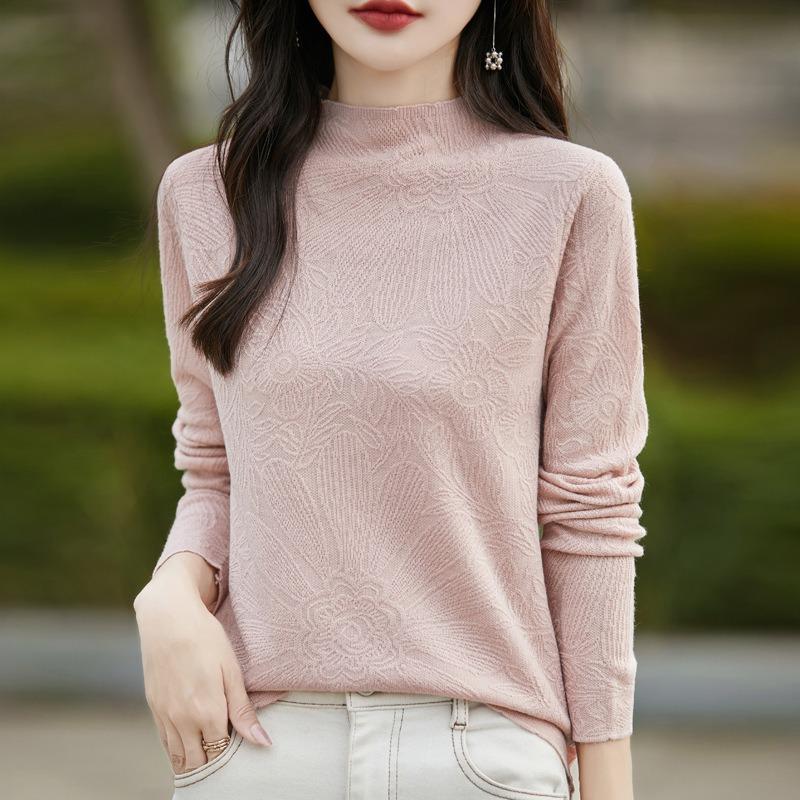 Elegant three-dimensional carved worsted thin semi-turtleneck knitted bottoming shirt femininity with thin top