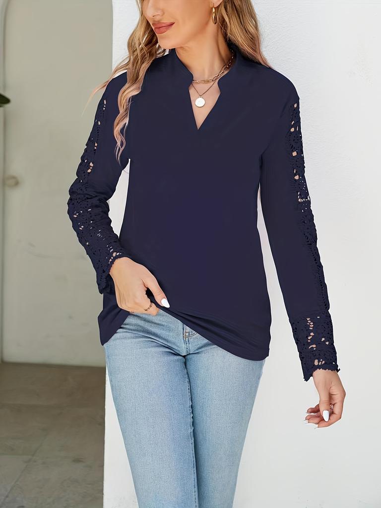 Women's White V-Neck Long Sleeve Blouse with Lace Detail, Elegant Casual Top