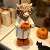 Charming Fall Housewarming Presents Halloween Highland Cow Figurine, Resin Statue with Pumpkin Mug, Spooky Seasonal Tiered Tray Decor Farmhouse