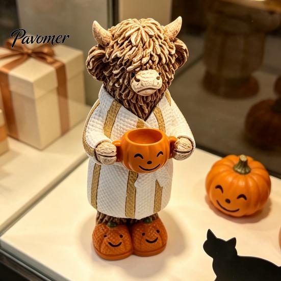 Charming Fall Housewarming Presents Halloween Highland Cow Figurine, Resin Statue with Pumpkin Mug, Spooky Seasonal Tiered Tray Decor Farmhouse