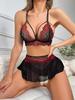 Sexy Mini Skirt with Thong Floral Lace Sheer Bralette Lingerie Set 3 Piece Otufits