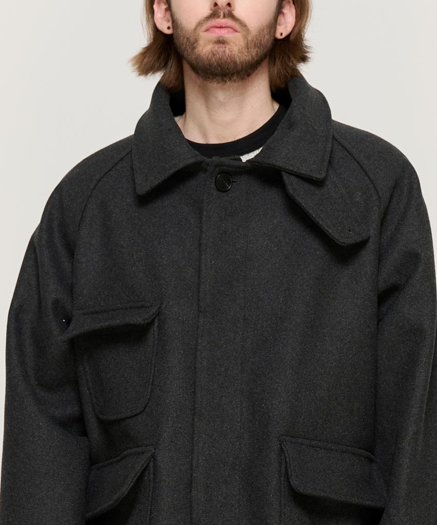 Cargobros Pocket Detail Balmacaan Wool Short Coat (Charcoal)